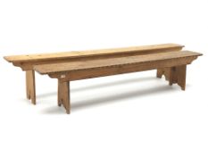Two waxed pine benches, solid end supports (W236cm, H48cm and W205cm,