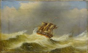 Manner of Henry Redmore, Ship in Stormy Seas, oil on canvas bears signature 15.5cm x 25.