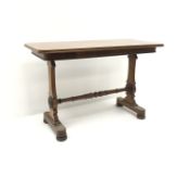 Victorian mahogany stretcher table, shaped solid end supports joined by single turned stretcher,