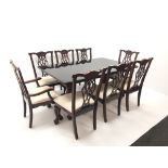 Queen Anne style twin pedestal rosewood extending dining table with two leaves (W229cm, H77cm,