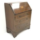 Edwardian inlaid mahogany bureau, fall front enclosing fitted interior, three graduating drawers,