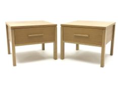 Pair light oak lamp tables, single drawer, square supports, W60cm, H50cm,