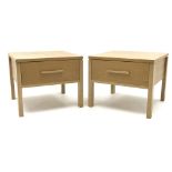 Pair light oak lamp tables, single drawer, square supports, W60cm, H50cm,