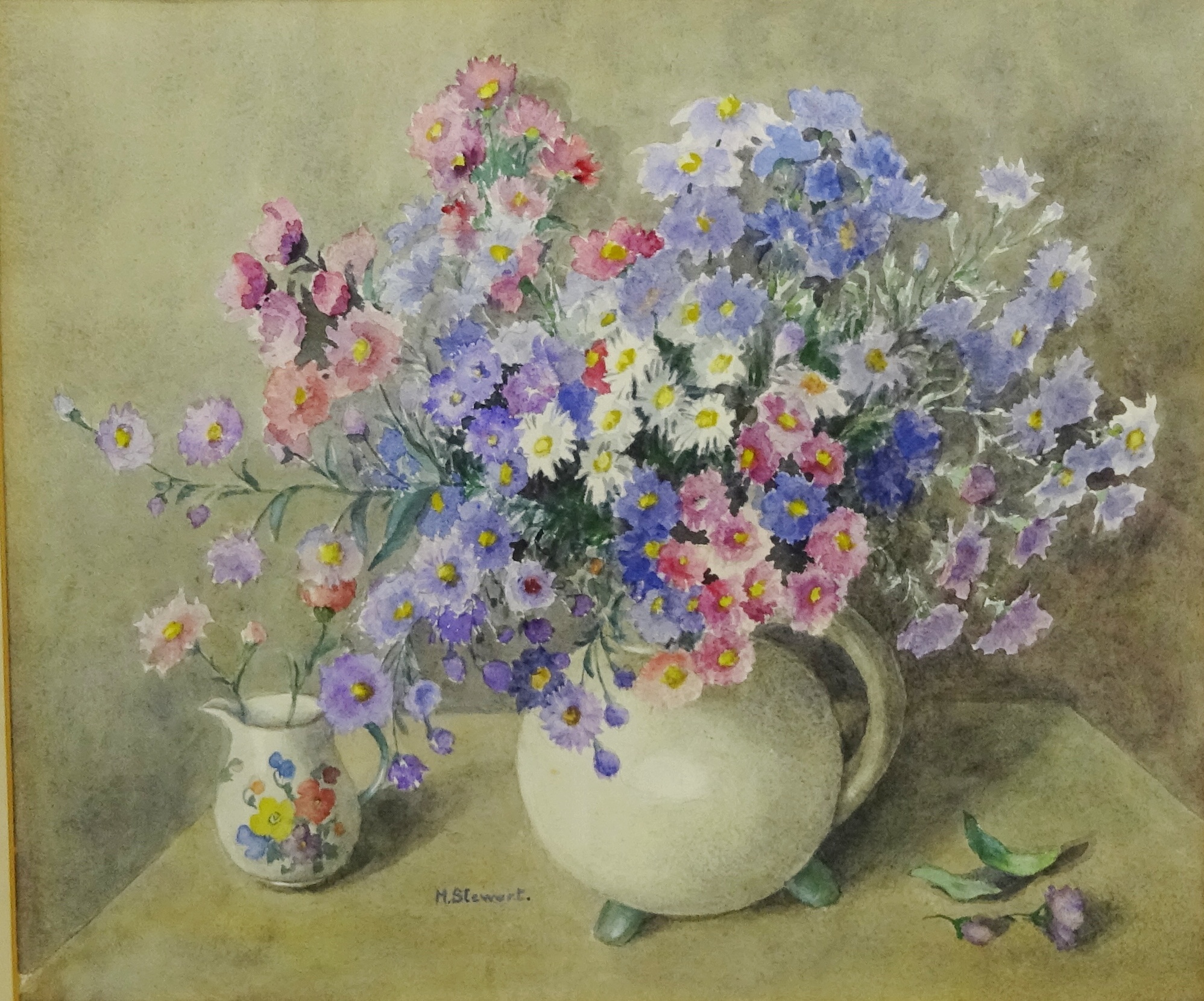 M Stewart (20th century): Still Life of Flowers,