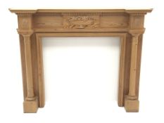 Classical pine break front fire surround, dentil frieze, carved bowl, two flanking columns, W164cm,