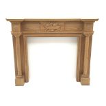 Classical pine break front fire surround, dentil frieze, carved bowl, two flanking columns, W164cm,