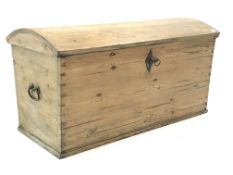 Late 19th century pitch pine tapering chest, domed lid, two metal handles, W121cm, H65cm,