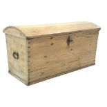 Late 19th century pitch pine tapering chest, domed lid, two metal handles, W121cm, H65cm,