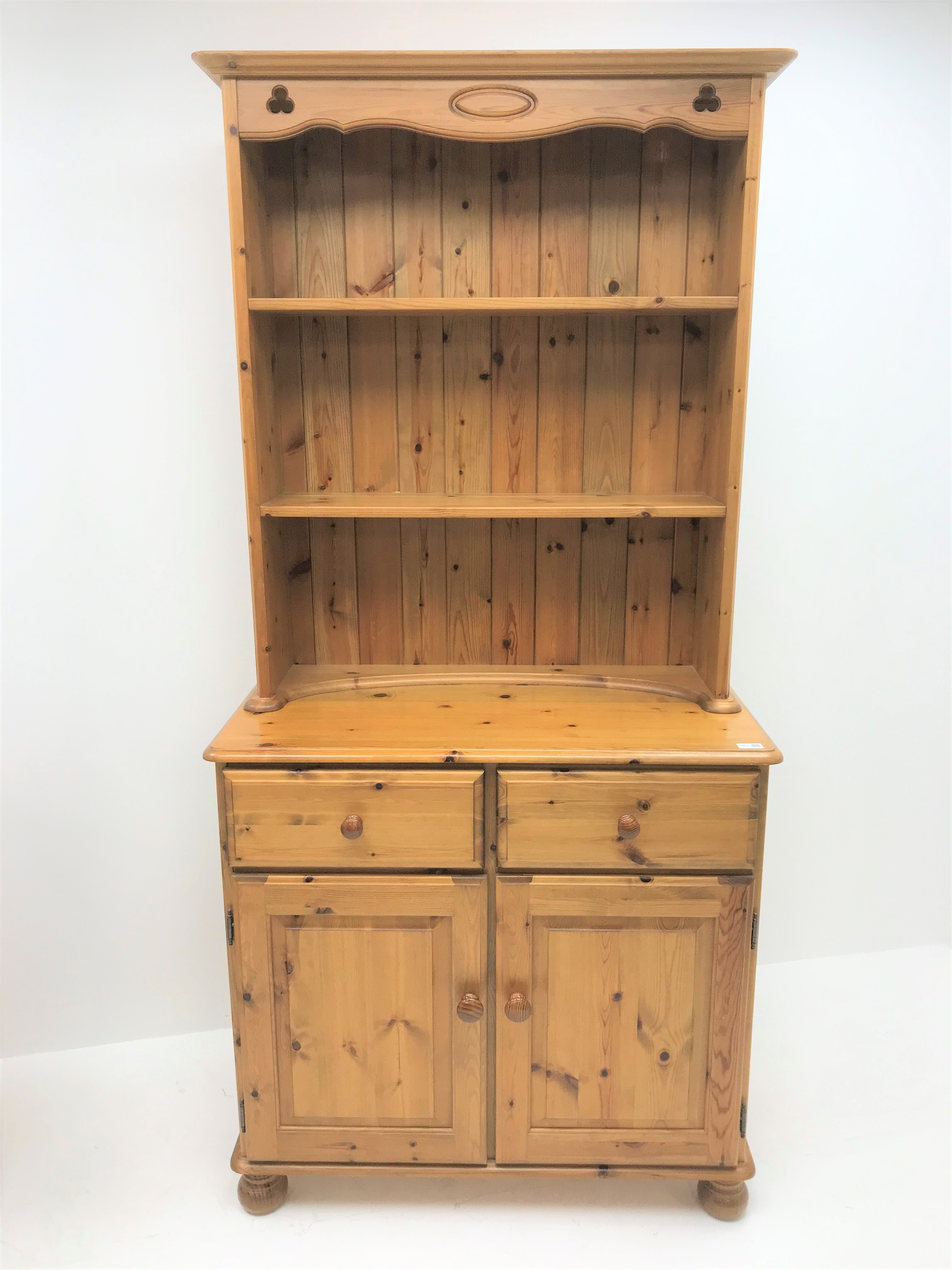 Pine two drawer dresser, two tier rack above two drawers and two cupboards, bun feet (W90cm, H189cm, - Image 2 of 3