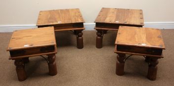 Pair medium rustic hardwood square lamp tables, metal strap detailing, turned supports (W60cm,