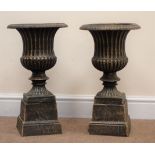 Pair classical style bronze finish urn, egg and dart rim detailing, on square tapering base, W28cm,