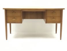 Mid 20th century retro teak desk, four drawers, turned supports, 'Morris of Glasgow', W137cm, H75cm,