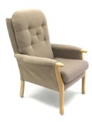 High seat light wood framed upholstered armchair,