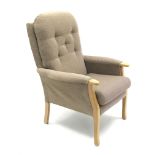 High seat light wood framed upholstered armchair,