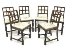 Set six early 20th century oak dining chairs, lattice back, upholstered seat,