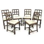 Set six early 20th century oak dining chairs, lattice back, upholstered seat,