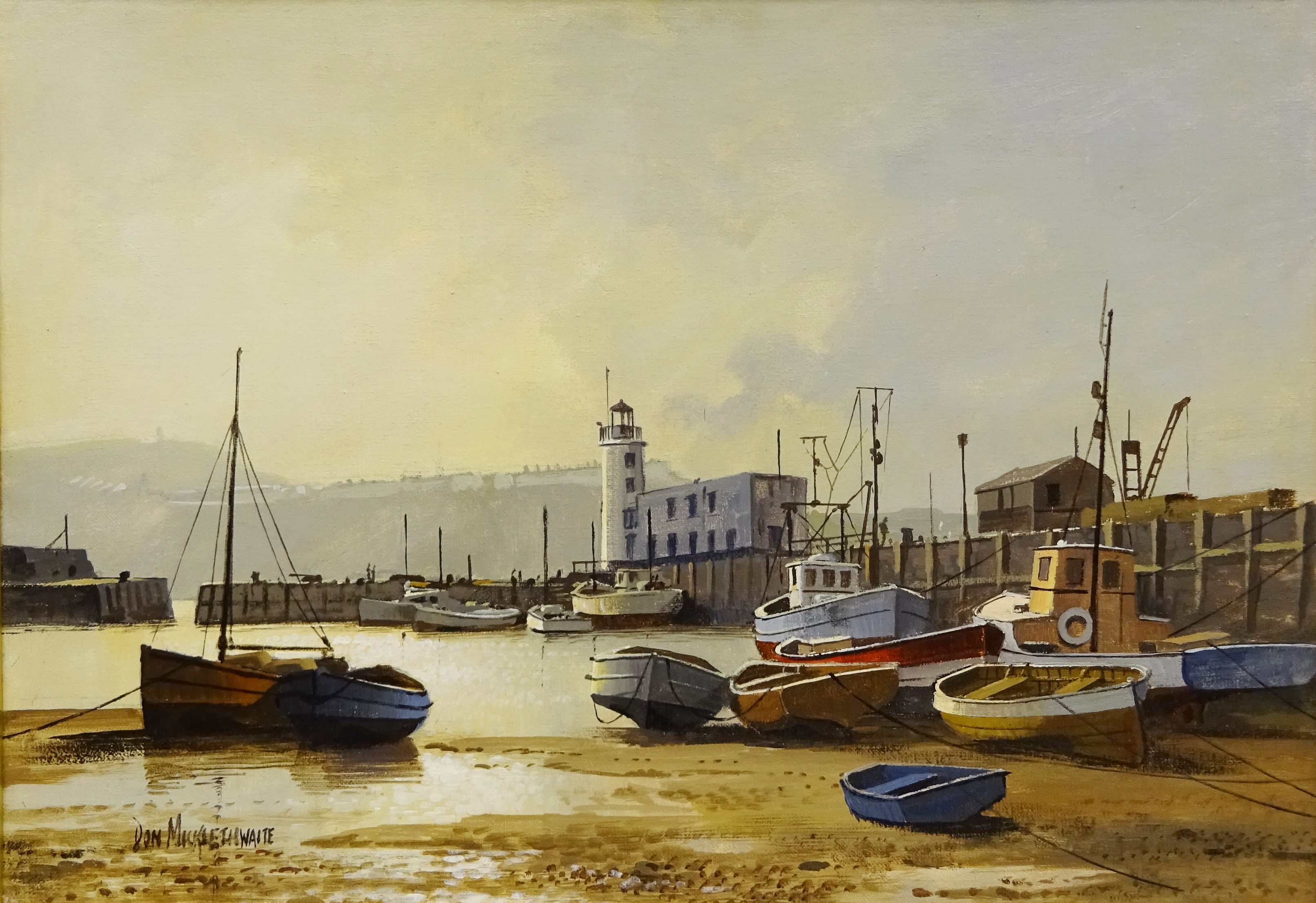Don Micklethwaite (1936-): Beached Fishing Boats in Scarborough Harbour, oil on board signed 34.