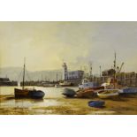 Don Micklethwaite (1936-): Beached Fishing Boats in Scarborough Harbour, oil on board signed 34.