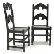 Pair 19th century oak hall chairs, detailed carved backs, solid seats,