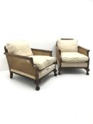 Pair early 20th century walnut Bergere armchairs, double cane work,