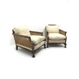 Pair early 20th century walnut Bergere armchairs, double cane work,