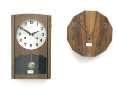 Art Deco wall timepiece, twelve sided walnut dial with brass Arabic numerals, H30cm,