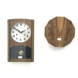 Art Deco wall timepiece, twelve sided walnut dial with brass Arabic numerals, H30cm,