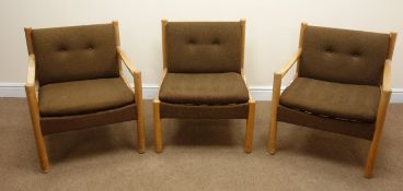Set three Ercol beech armchairs, upholstered back and seat,