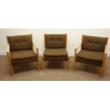 Set three Ercol beech armchairs, upholstered back and seat,