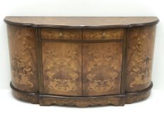 Italian marquetry walnut serpentine sideboard, two drawers, four cupboards, shaped plinth base,