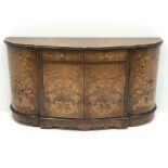Italian marquetry walnut serpentine sideboard, two drawers, four cupboards, shaped plinth base,