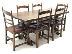 Spanish style rectangular oak dining table, 'X' shaped supports joined by single stretcher (W168cm,