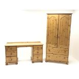 Pine double wardrobe, two doors above two drawers, bun feet (W94cm, H190cm,