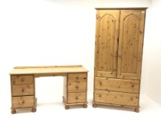 Pine double wardrobe, two doors above two drawers, bun feet (W94cm, H190cm,