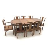 Eastern style mahogany circular extending dining table, square tapering supports on shaped feet,