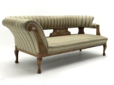 Late Victorian walnut framed chaise longue, upholstered in a gold and grey fabric, cabriole feet,