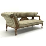 Late Victorian walnut framed chaise longue, upholstered in a gold and grey fabric, cabriole feet,