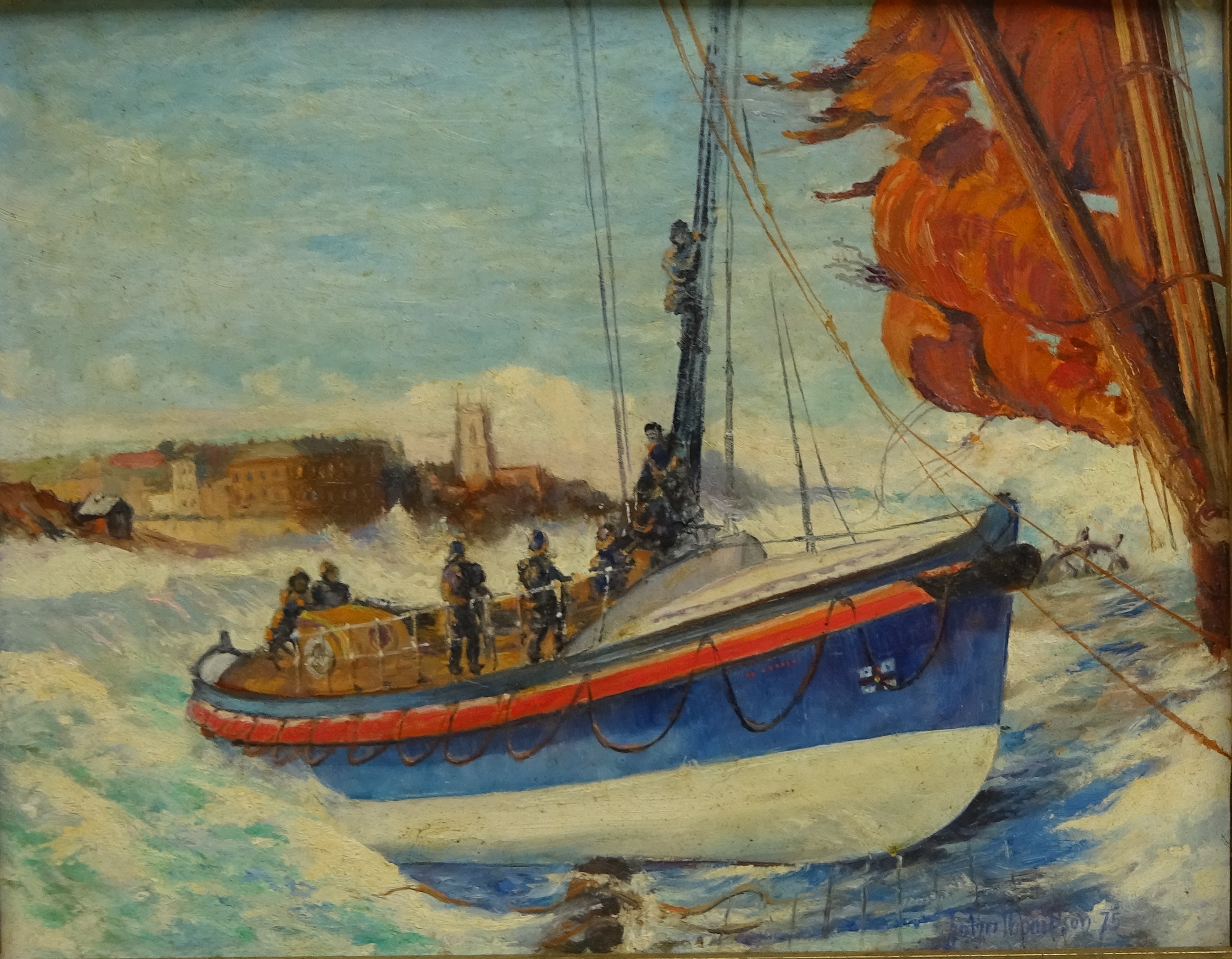 Lifeboats at Sea, three 20th century oils on board, signed by John Thompson, Bill Wedgwood and M. - Image 2 of 4