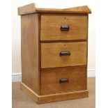 Vintage oak pedestal chest, raised shaped back, three drawers, plinth base, W62cm, H99cm,