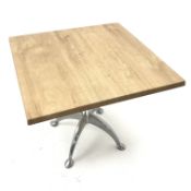 Set six light oak square chrome finish pedestal cafe tables, W80cm H72cm,