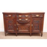 Victorian mahogany carved bow break front sideboard, two short and two long drawers, three cupboards