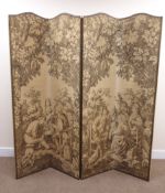 Four panel folding screen, upholstered in fabric depicting a garden scene, W184cm,