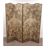 Four panel folding screen, upholstered in fabric depicting a garden scene, W184cm,