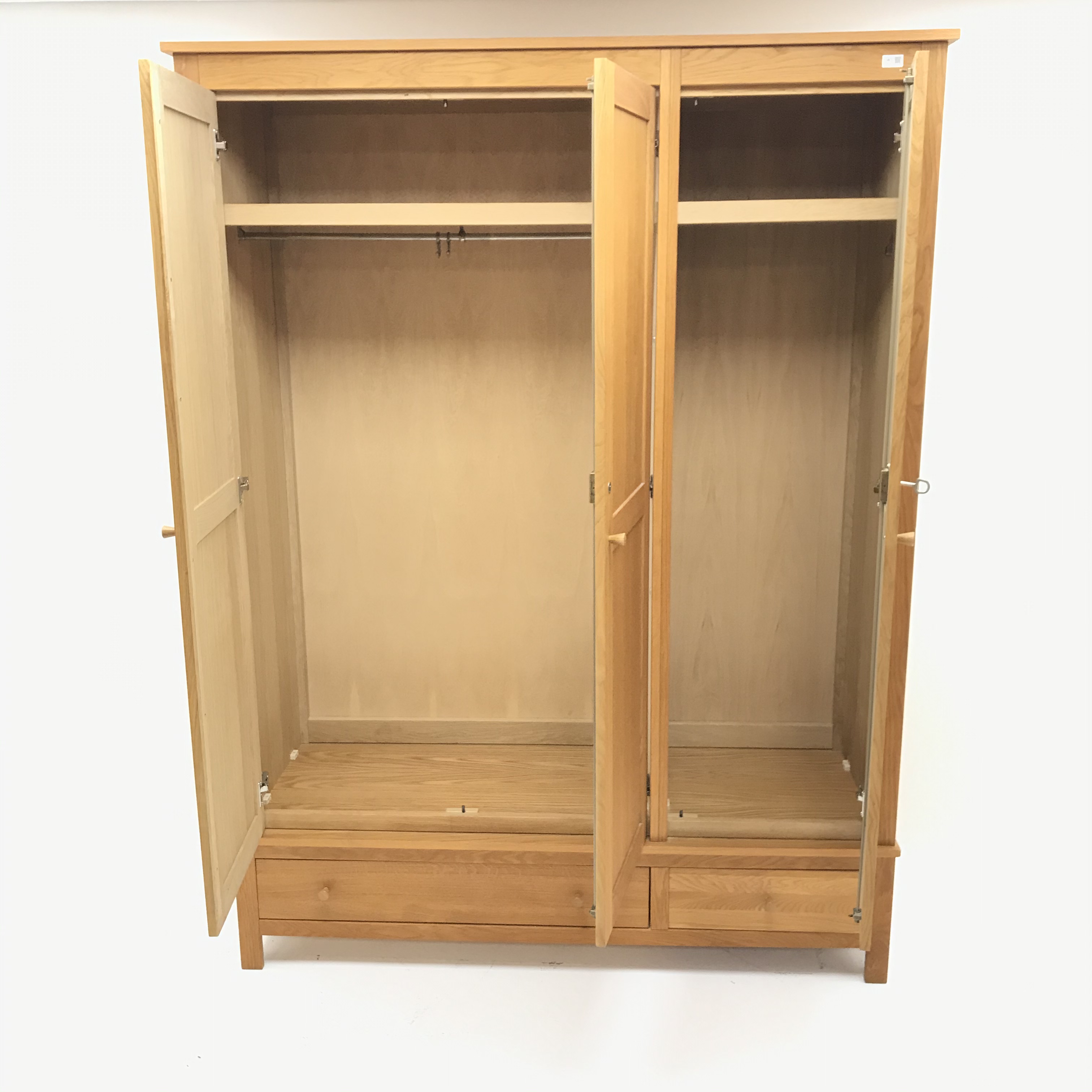 Light oak triple combination wardrobe, three doors above one long and one short drawer, - Image 3 of 4
