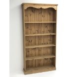 Solid pine open bookcase, projecting cornice, four shelves, plinth base, W92cm, H181cm,