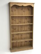 Solid pine open bookcase, projecting cornice, four shelves, plinth base, W92cm, H181cm,