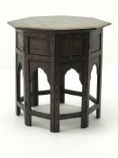Octagonal Moorish folding occasional table, inlaid with brass flowers and leaves, W52cm, H53cm,