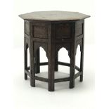 Octagonal Moorish folding occasional table, inlaid with brass flowers and leaves, W52cm, H53cm,