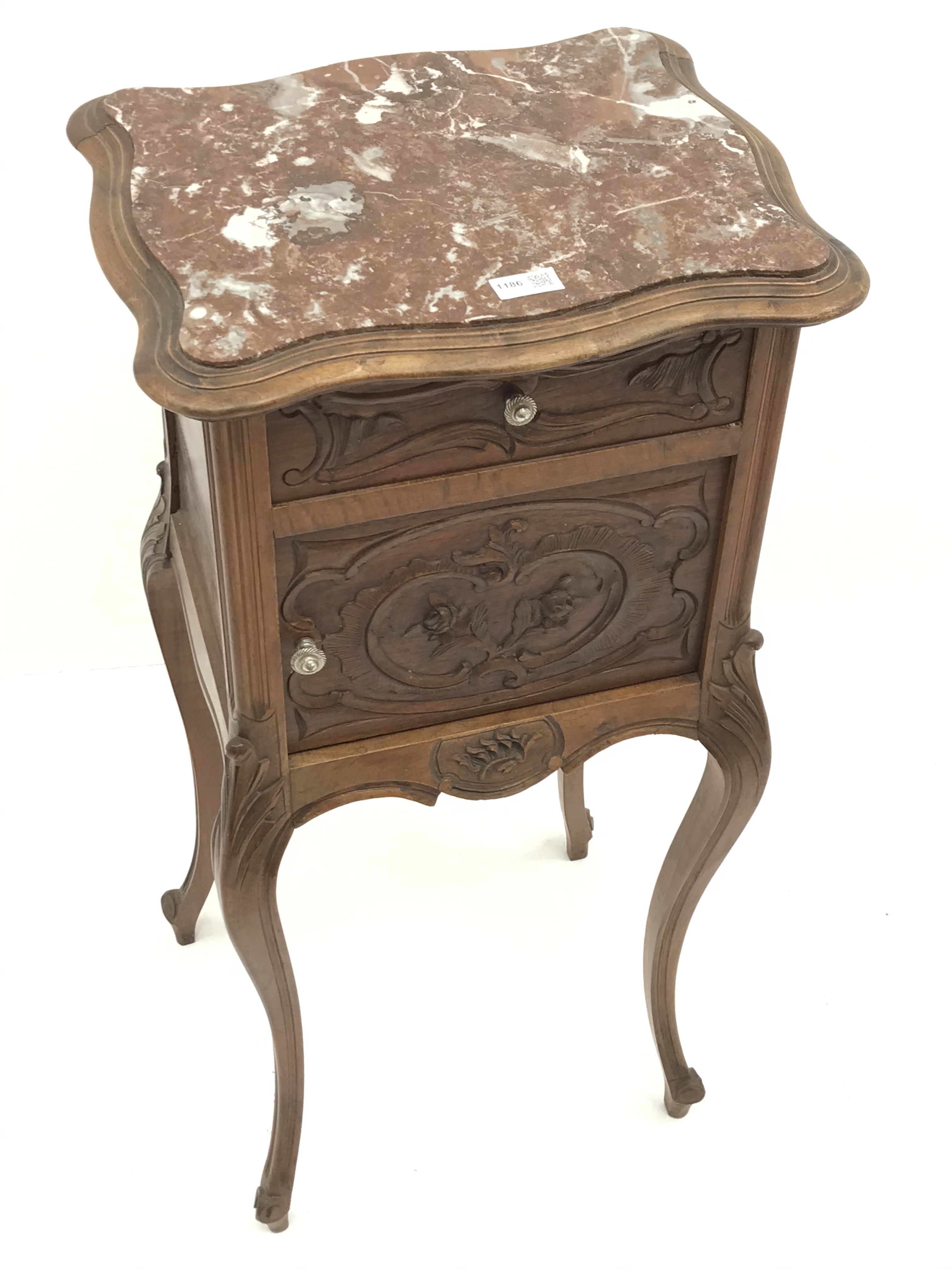 French walnut shaped marble top bedside cabinet, single drawer above marble lined cupboard, - Image 2 of 2