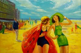 Ladies on a Beach, 20th century oil on canvas unsigned 60cm x 90.